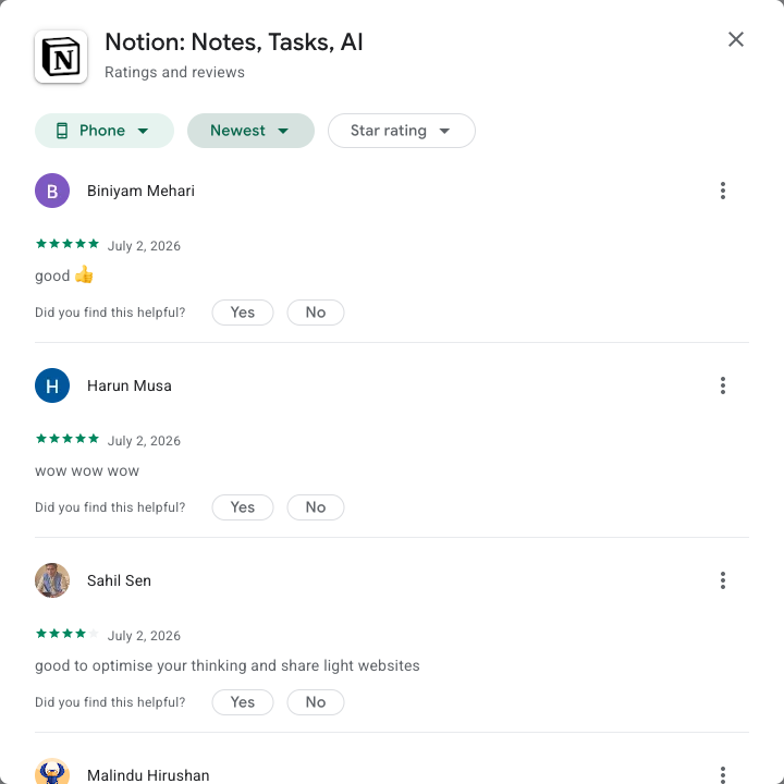 Filtered Reviews (newest first) - Notion