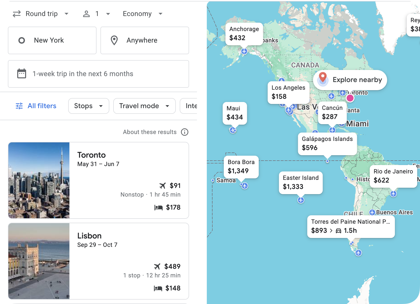 Search from New York to Anywhere