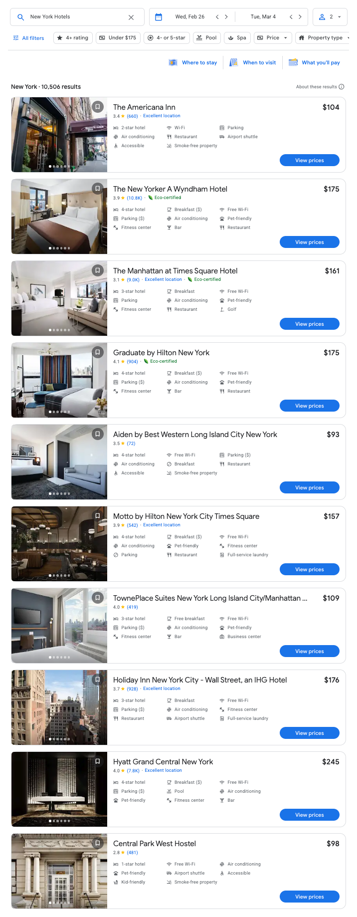 Google Hotels Search Results
