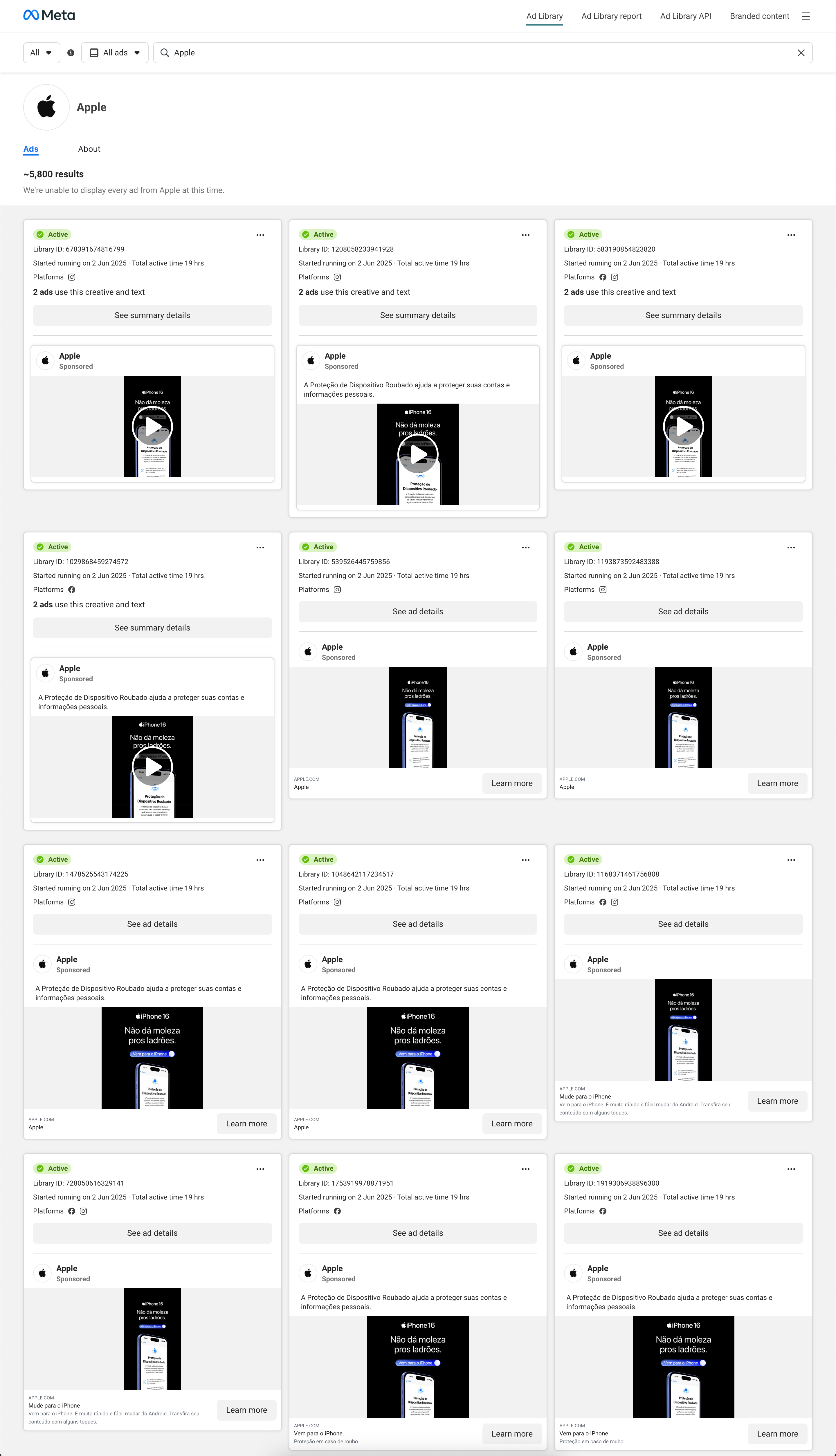 Meta Ad Library Search Results